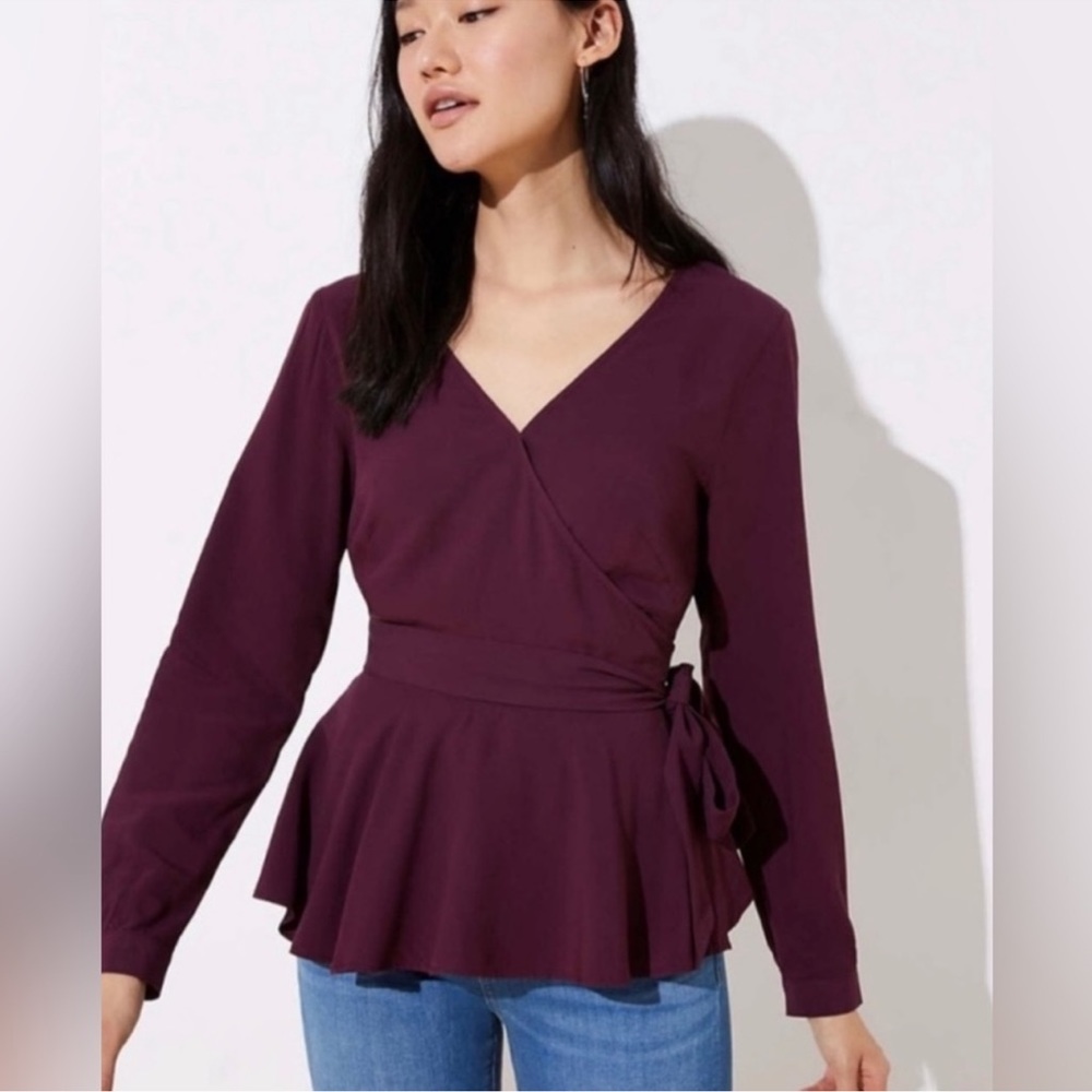 Loft Wrap Front Peplum Top Purple Size XXS Petite